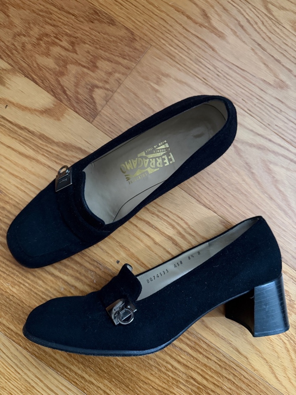 Salvatore Ferragamo Black Suede Block Heel Loafers with Signature Hardware
